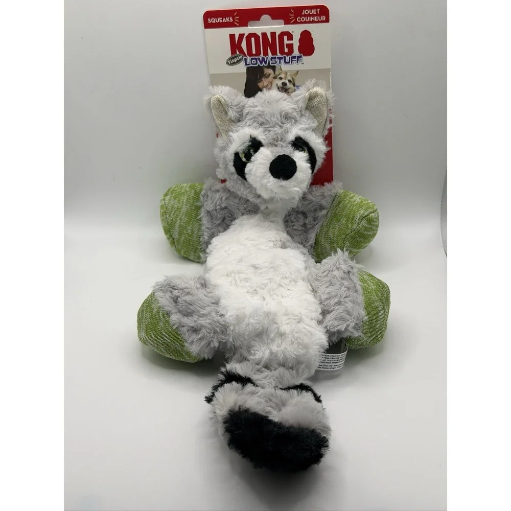 KONG Flopzie Low Stuff Raccoon Dog Toy Squeaky Weighted Medium LWF24